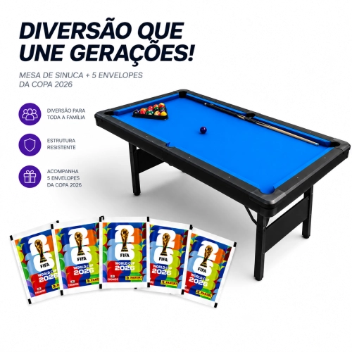 Mesa de Sinuca Ahead Sports 2,16m em MDF Preto com Pano Acrílico Completa + 5 Figurinhas da Copa