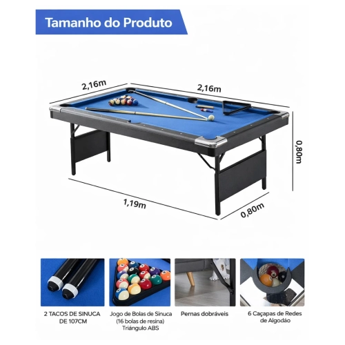 Mesa de Sinuca Ahead Sports 2,16m em MDF Preto com Pano Acrílico Completa + 5 Figurinhas da Copa