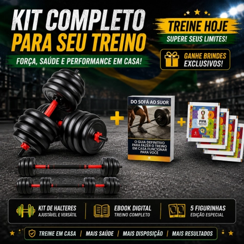 Kit Musculação Funcional 15kg com Barras, Anilhas, 19 Peças, E-book e Figurinha Copa