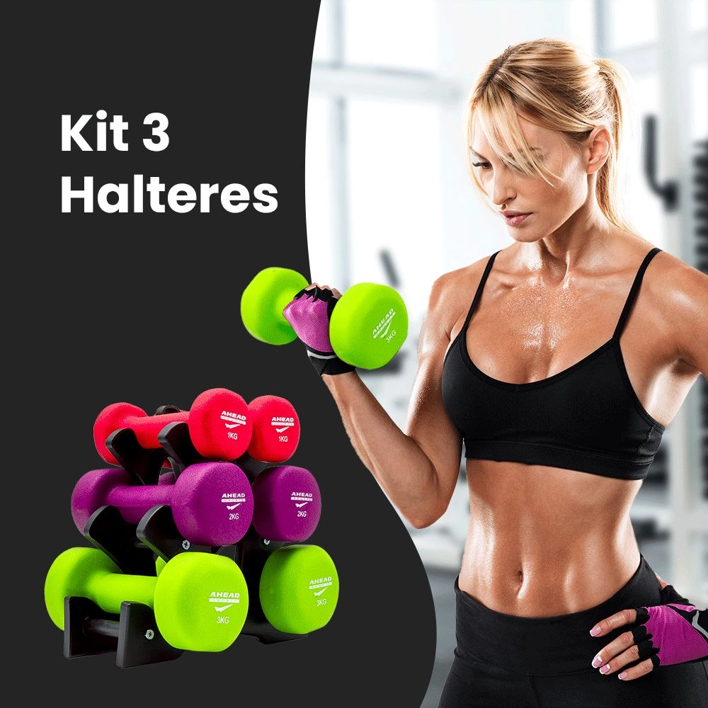 Kit Halteres 3 Unidades + Suporte 12kg Colorido