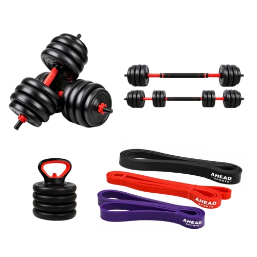 Kit Halter Kettlebell Barra Ajustável 20kg 6 em 1 + Super Band 3 Intensidades