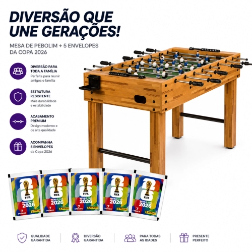 Mesa de Pebolim Totó em MDF com Suporte para Copo + Bolinhas e 5 Figurinhas da Copa