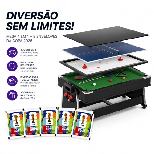 Mesa Multijogos 4 em 1 Winmax com Ping Pong, Bilhar, Air Hockey, Acessórios + 5 Figurinhas da Copa