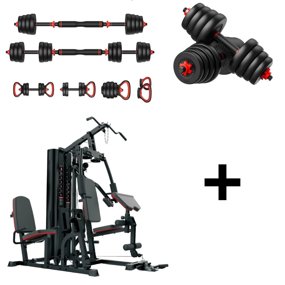 ESTAÇÃO 75KG 3 FRENTES + KIT DE HALTERES 6 EM 1 ATÉ 20KG 
