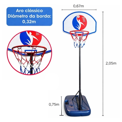 Cesta de Basquete Móvel Infantil com Altura Regulável Até 205 cm + Figurinhas da Copa