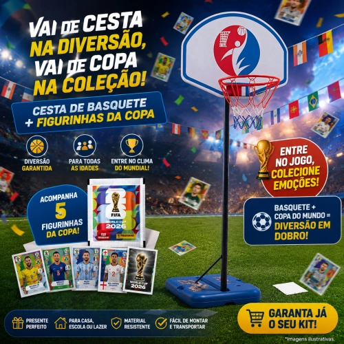 Cesta de Basquete Móvel Infantil com Altura Regulável Até 205 cm + Figurinhas da Copa