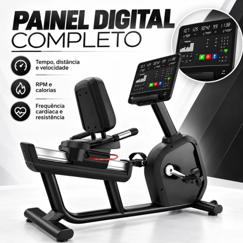 Bicicleta Ergométrica Horizontal Profissional 180kg com Encosto e Display Digital