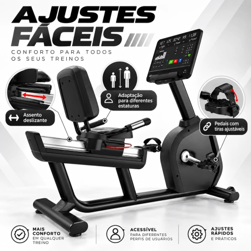 Bicicleta Ergométrica Horizontal Profissional 180kg com Encosto e Display Digital