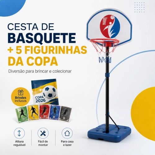 Cesta de Basquete Móvel Infantil com Altura Regulável Até 205 cm + Figurinhas da Copa