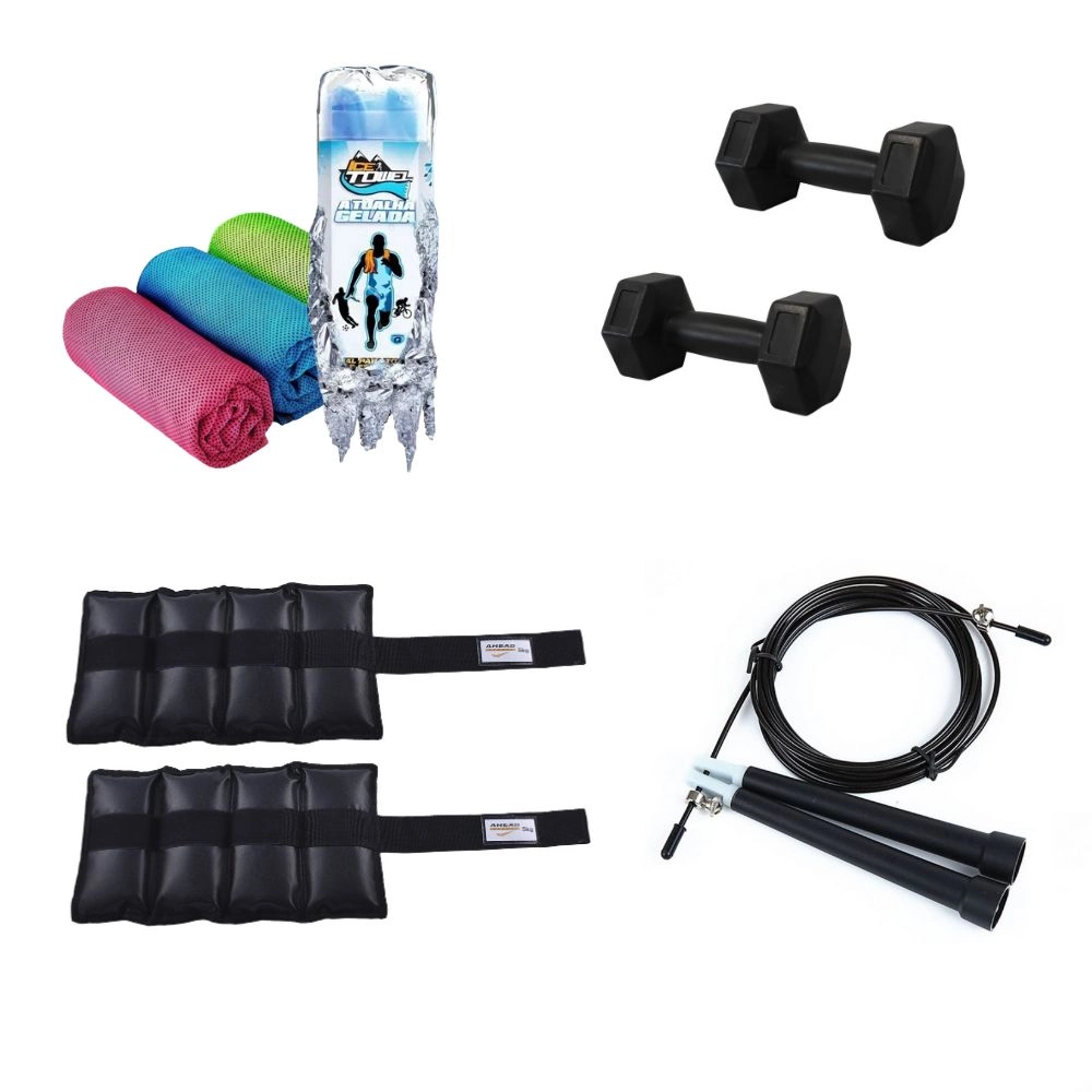 Kit Musculação Completo Caneleiras 5kg, Halteres, Corda e Toalha Gelada
