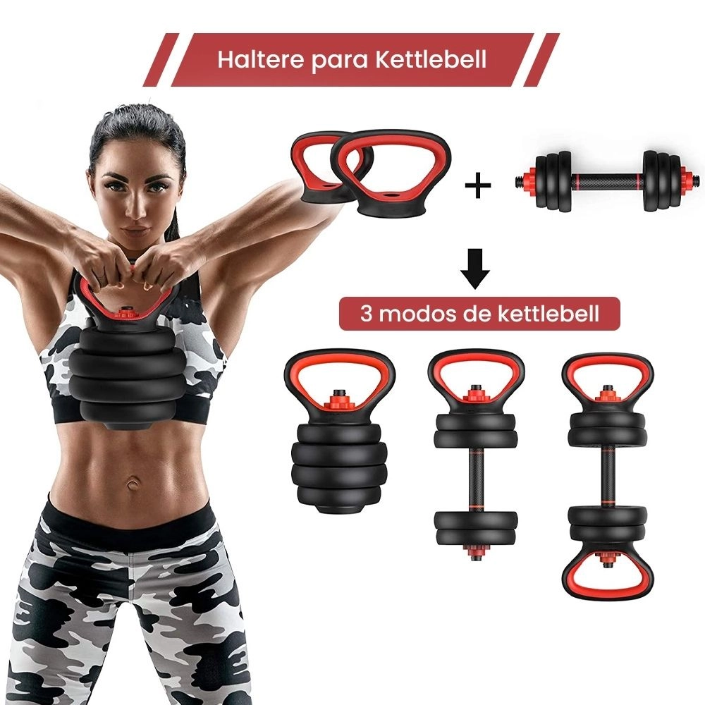Kit De Halteres 6 em 1 E Anilhas Ajustáveis Kettlebell Academia Fit 15KG