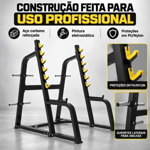 Kit 2 Suportes para Agachamento Profissional First com Spotter Arms e Porta Anilhas