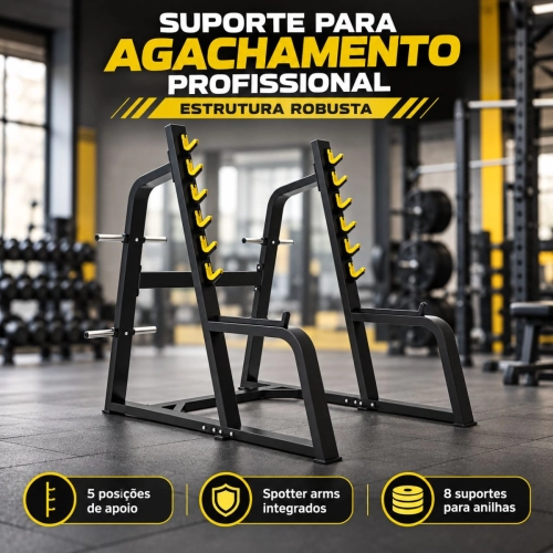 Kit 2 Suportes para Agachamento Profissional First com Spotter Arms e Porta Anilhas