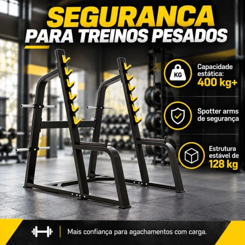 Kit 2 Suportes para Agachamento Profissional First com Spotter Arms e Porta Anilhas