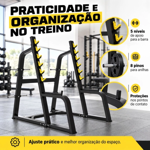Kit 2 Suportes para Agachamento Profissional First com Spotter Arms e Porta Anilhas