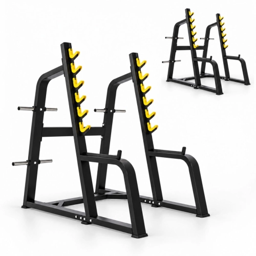Kit 2 Suportes para Agachamento Profissional First com Spotter Arms e Porta Anilhas