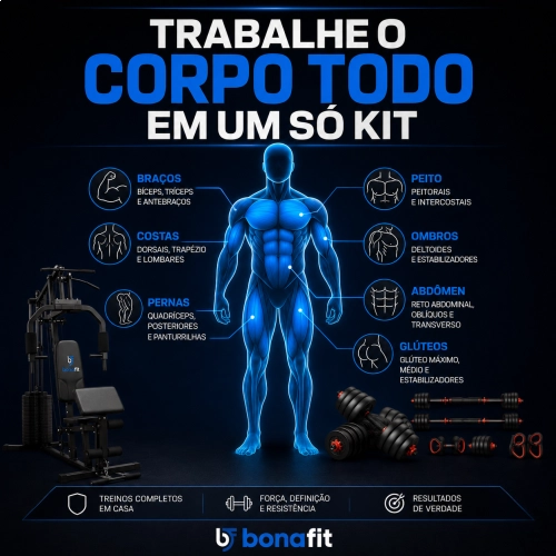 Kit Estação De Musculação 45Kg + Kit Halteres 6 Em 1 Até 20Kg - Bonafit 