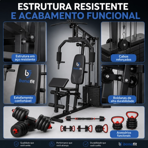 Kit Estação De Musculação 45Kg + Kit Halteres 6 Em 1 Até 20Kg - Bonafit 