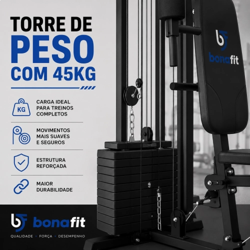 Kit Estação De Musculação 45Kg + Kit Halteres 6 Em 1 Até 20Kg - Bonafit 