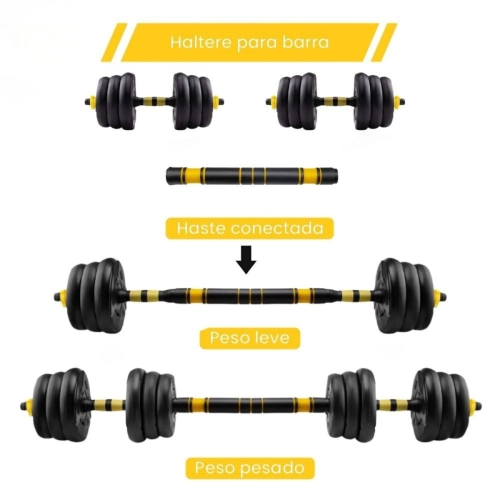Kit Halteres 3 Em 1 Ajustável Até 20kg Preto e Amarelo Musculação Treino em Casa