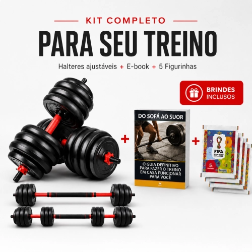 Kit Musculação Funcional 15kg com Barras, Anilhas, 19 Peças, E-book e Figurinha Copa