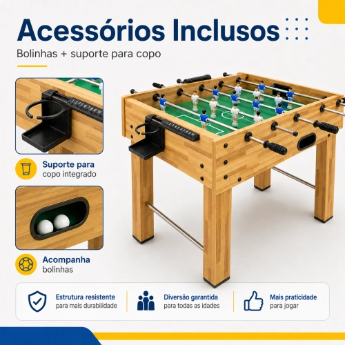 Mesa de Pebolim Totó em MDF com Suporte para Copo + Bolinhas e 5 Figurinhas da Copa