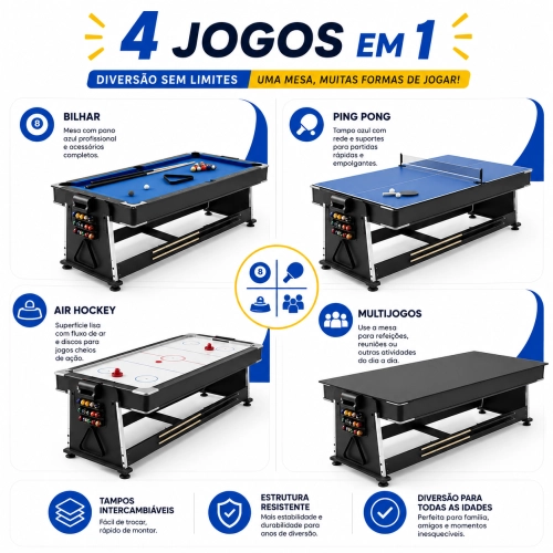 Mesa Multijogos 4 em 1 Winmax com Ping Pong, Bilhar, Air Hockey, Acessórios + 5 Figurinhas da Copa