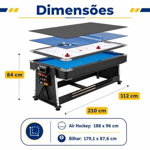 Mesa Multijogos 4 em 1 Winmax com Ping Pong, Bilhar, Air Hockey, Acessórios + 5 Figurinhas da Copa