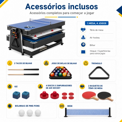 Mesa Multijogos 4 em 1 Winmax com Ping Pong, Bilhar, Air Hockey, Acessórios + 5 Figurinhas da Copa