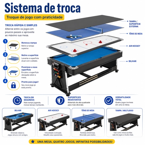 Mesa Multijogos 4 em 1 Winmax com Ping Pong, Bilhar, Air Hockey, Acessórios + 5 Figurinhas da Copa