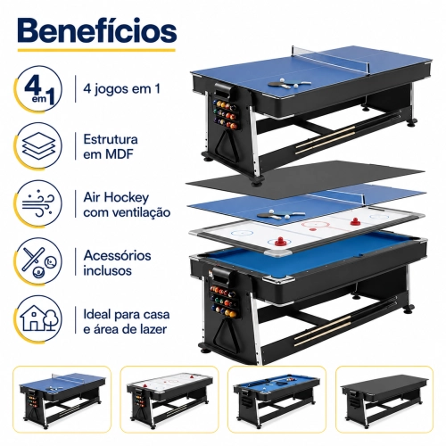 Mesa Multijogos 4 em 1 Winmax com Ping Pong, Bilhar, Air Hockey, Acessórios + 5 Figurinhas da Copa
