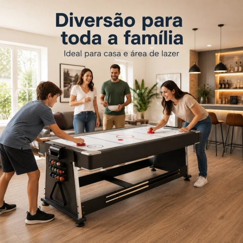Mesa Multijogos 4 em 1 Winmax com Ping Pong, Bilhar, Air Hockey, Acessórios + 5 Figurinhas da Copa